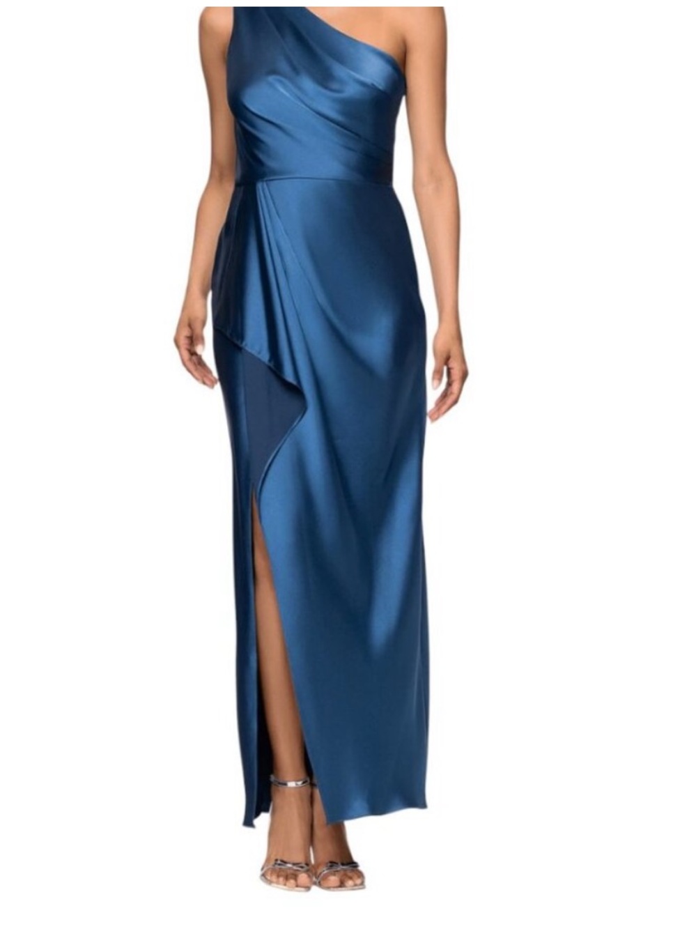 Xscape Satin One-Shoulder Gown in Ocean Blue
